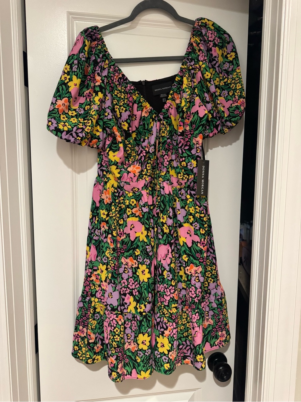 Donna Morgan Floral Puff-Sleeve Dress in Green, Pink, Yellow & Purple